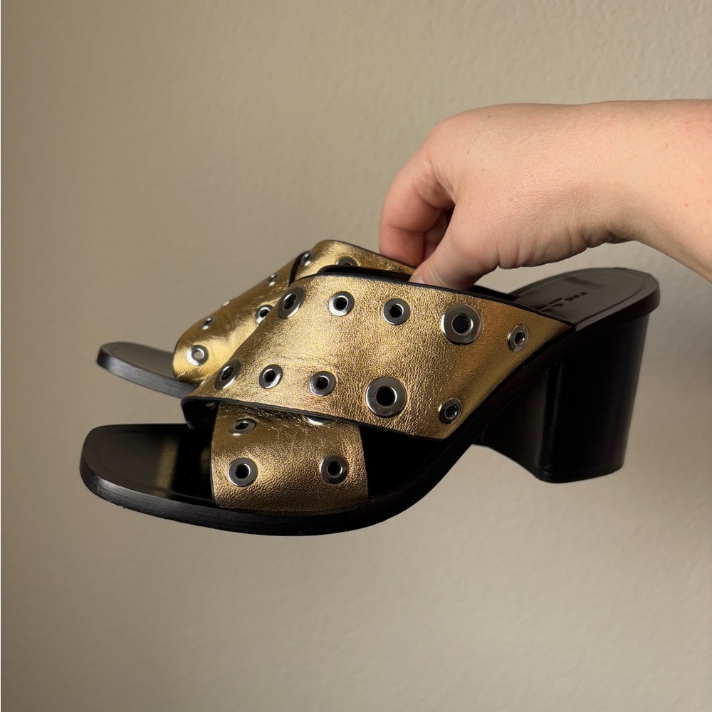 Rag & Bone Paige crisscross gold grommet slide heels, size 6.5